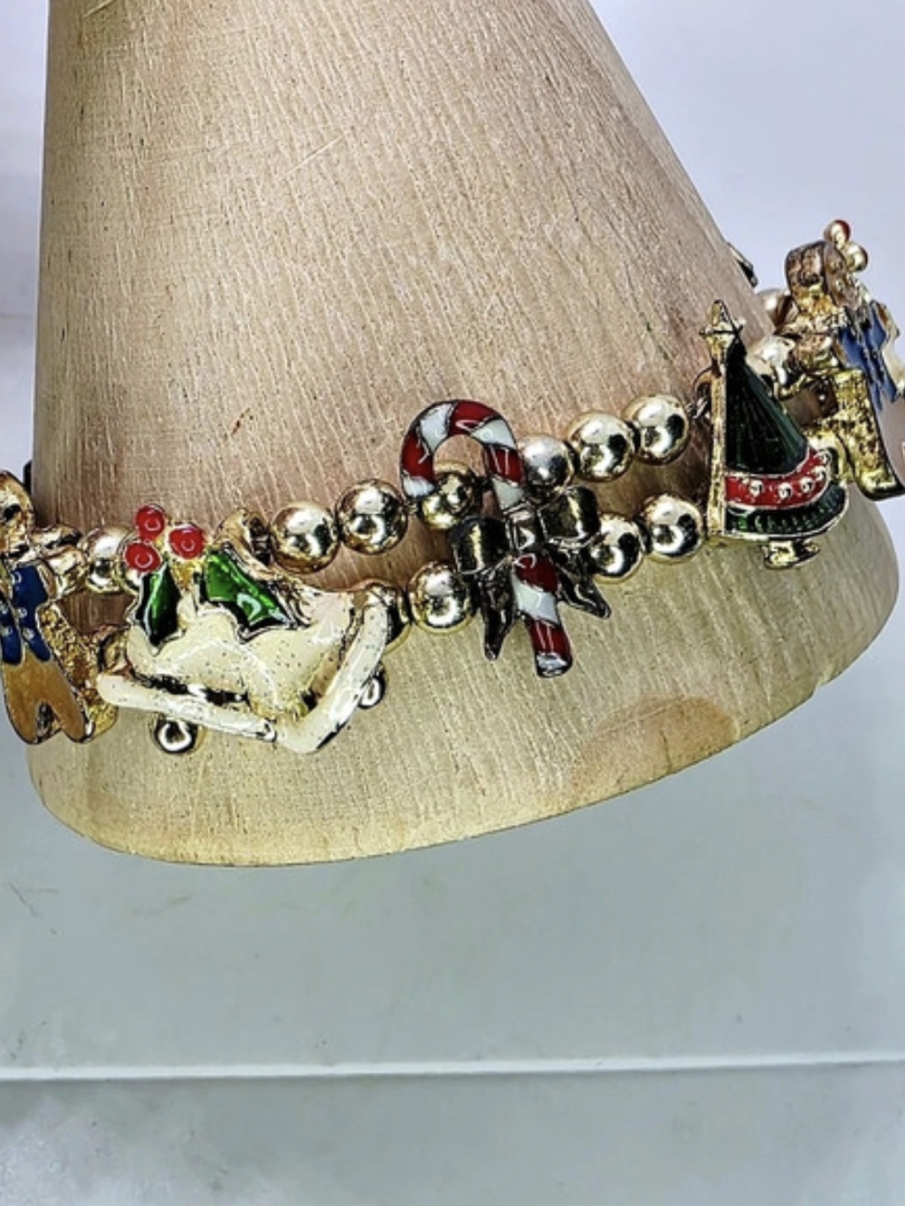 Vintage Avon Enamel Slide Charm Christmas Bracelet Gold Tone Gingerbread Holly